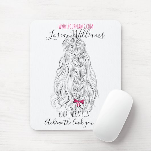 Modern Zwart Wit Wavy Haar Roze Bow Hairstyling Muismat (Met muis)