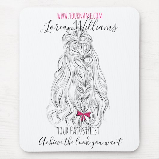 Modern Zwart Wit Wavy Haar Roze Bow Hairstyling Muismat (Voorkant)