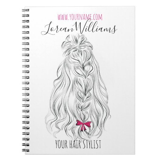 Modern Zwart Wit Wavy Haar Roze Bow Hairstyling Notitieboek (Voorkant)