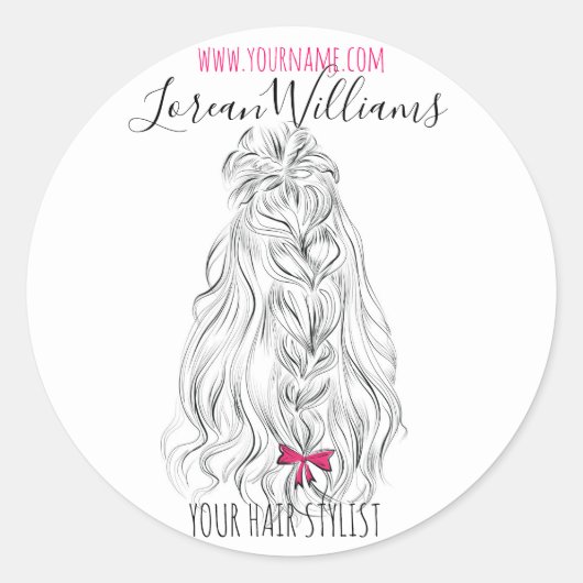 Modern Zwart Wit Wavy Haar Roze Bow Hairstyling Ronde Sticker (Voorkant)