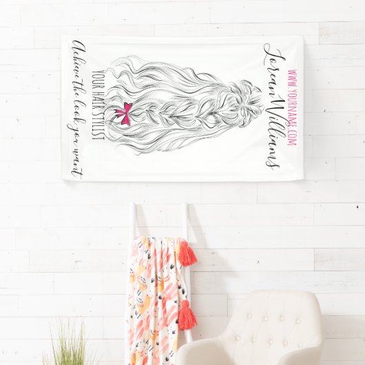 Modern Zwart Wit Wavy Haar Roze Bow Hairstyling Spandoek (Insitu)