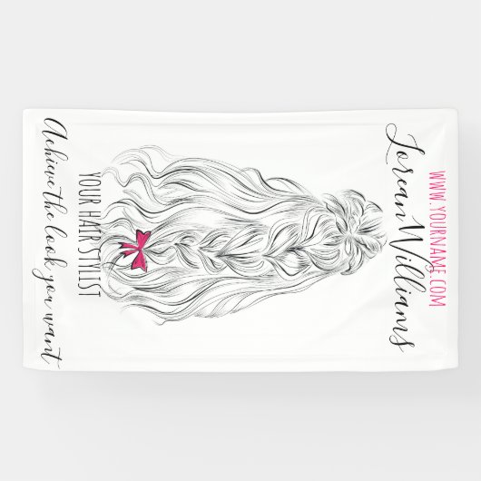 Modern Zwart Wit Wavy Haar Roze Bow Hairstyling Spandoek (Horizontaal)