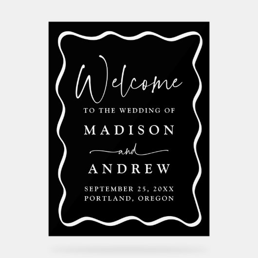 Modern Zwart-wit Wavy Lijst Bruiloft Welkom Acryl Bord (Voorkant)