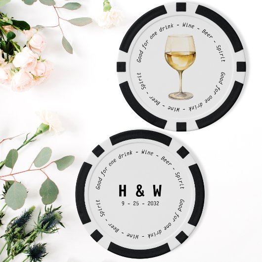 Modern Zwart Wit Wijn Drink Voucher Bruiloft Poker Chips