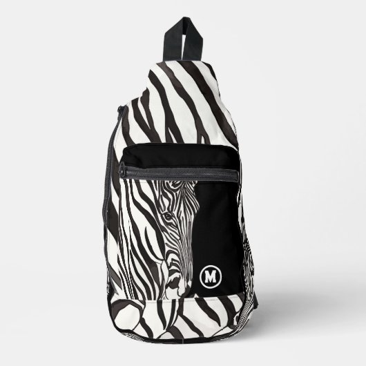 Modern Zwart Wit Zebra Stripe Print Naam Initiaal Sling Bag (Voorkant)