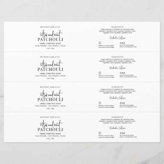 Modern Zwart & Wit Zeep Buik Band Wrap Label (Voorkant)