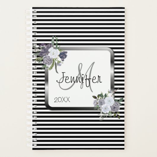 Modern zwart wit zilver Monogram Personaliseren Planner (Voorkant)