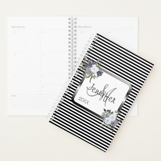Modern zwart wit zilver Monogram Personaliseren Planner (Display)
