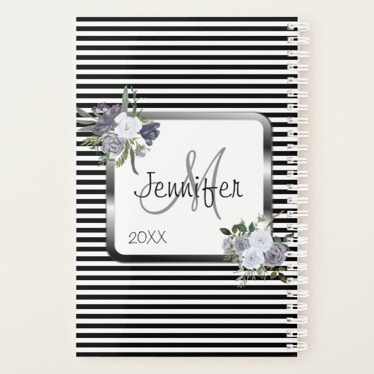 Modern zwart wit zilver Monogram Personaliseren Planner (Achterkant)