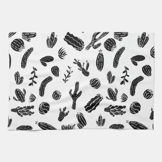 Modern zwart-wit, zuinig cactus patroon theedoek (Horizontaal)