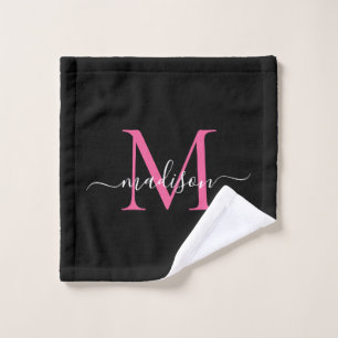 Modern zwart-wit zwart-roze monogram script washandje