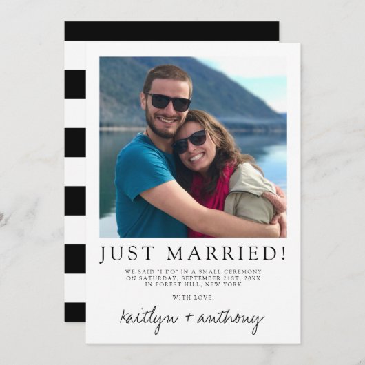 Modern zwart-witscript minimalistisch huwelijk aankondiging (Voorkant / Achterkant)