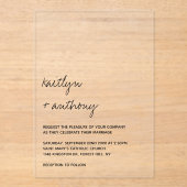 Modern zwart-witscript minimalistisch huwelijk acryl uitnodigingen (Voorkant)