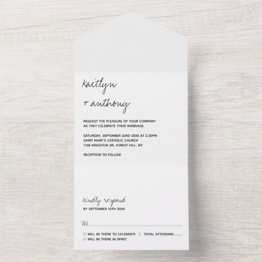 Modern zwart-witscript minimalistisch huwelijk all in one uitnodiging (Binnen)