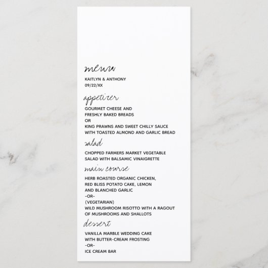 Modern zwart-witscript minimalistisch huwelijk menu (Voorkant)