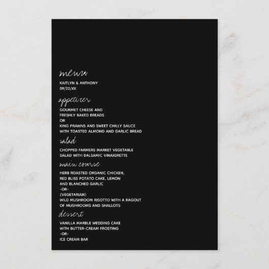 Modern zwart-witscript minimalistisch huwelijk menu (Voorkant)