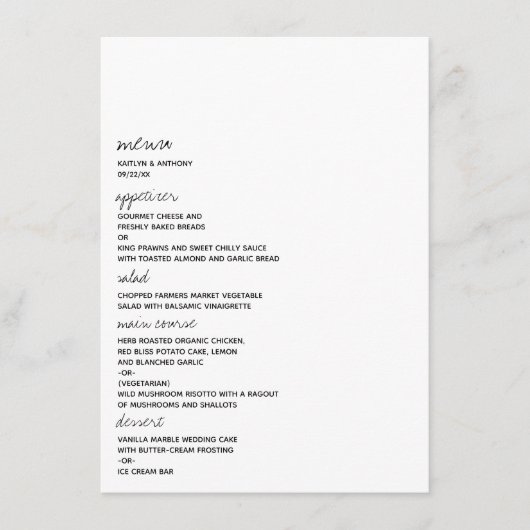 Modern zwart-witscript minimalistisch huwelijk menu (Voorkant)