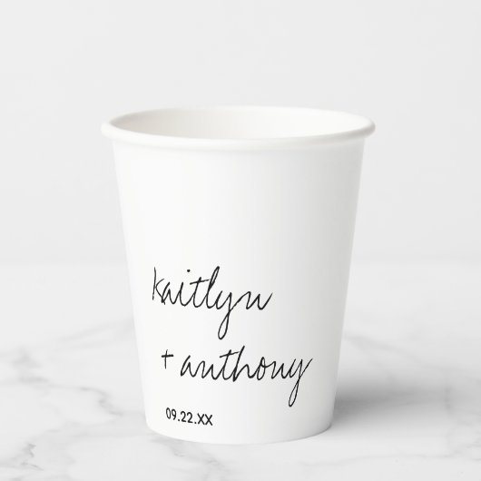 Modern zwart-witscript minimalistisch huwelijk papieren bekers (Voorkant)