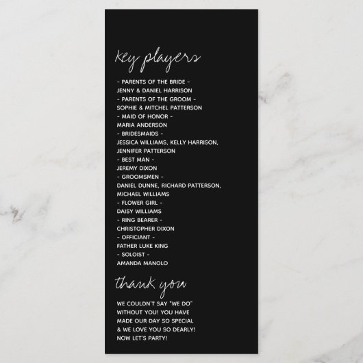 Modern zwart-witscript minimalistisch huwelijk programmakaart (Achterkant)