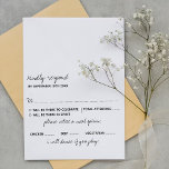 Modern zwart-witscript minimalistisch huwelijk RSVP kaartje<br><div class="desc">Viel in stijl met deze stijlvolle en zeer trendy bruiloft RSVP-kaarten. Dit ontwerp is gemakkelijk te personaliseren met uw speciale gebeurtenisformulering en uw gasten zullen enthousiast zijn wanneer zij deze geweldige antwoordkaarten ontvangen. Gebruik deze antwoordkaarten omdat ze bedoeld zijn voor een eenvoudig, minimalistisch trouwthema of kies een van onze leuke...</div>