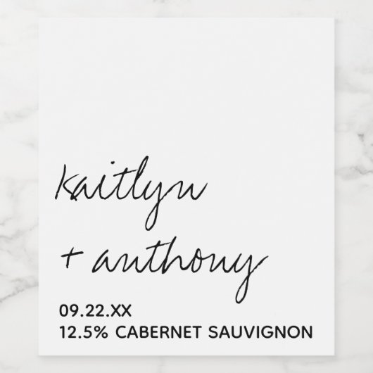 Modern zwart-witscript minimalistisch huwelijk wijn etiket (Enkel label)