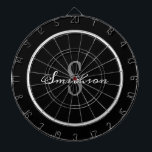Modern zwart-witscript, speciaal aangepast dartbord<br><div class="desc">Vermaak je familie en vrienden met een leuk spelletje darts op je volgende bijeenkomst. Dit ontwerp is moderne zwart grijze familie monogram naam en een bord is zwart en het tweede bord is donkergrijs. Het grote monogram initiaal is in vetgedrukte grijze letters op het midden en de naam is in...</div>