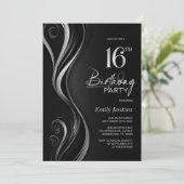 Modern Zwart Zilver 16e Verjaardagsfeest Kaart (Staand voorkant)