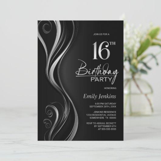 Modern Zwart Zilver 16e Verjaardagsfeest Kaart (Staand voorkant)