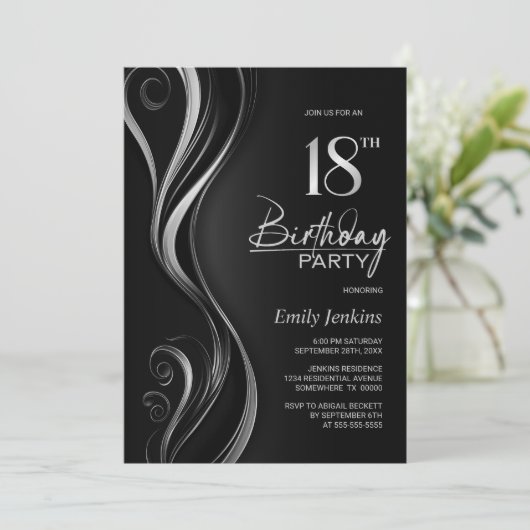 Modern Zwart Zilver 18e Verjaardagsfeestje Kaart (Staand voorkant)