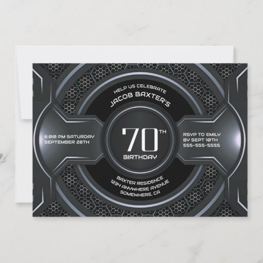 Modern Zwart Zilver 70e Verjaardagsfeestje Kaart (Voorkant)