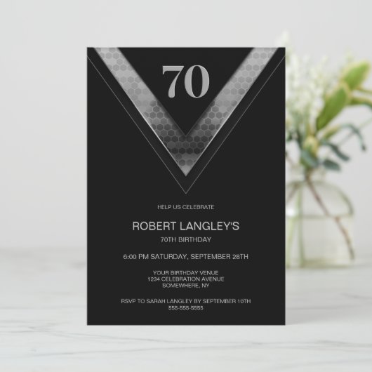 Modern Zwart Zilver 70e Verjaardagsfeestje Kaart (Staand voorkant)