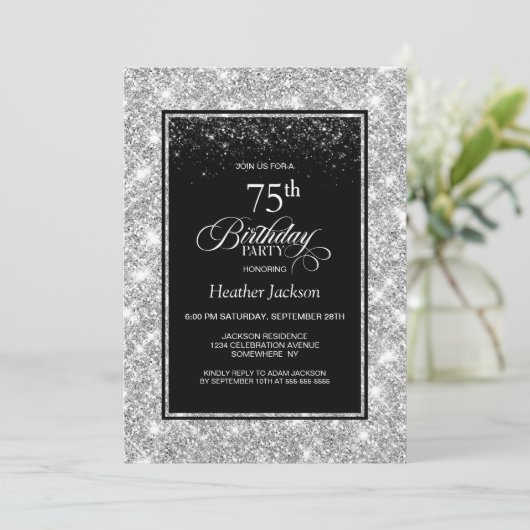 Modern Zwart Zilver 75e Verjaardagsfeestje Kaart (Staand voorkant)
