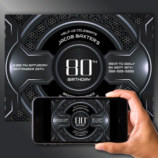 Modern Zwart Zilver 80ste Verjaardagsfeest Kaart