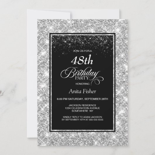 Modern zwart zilver elke leeftijd verjaardagsfeest kaart (Voorkant)