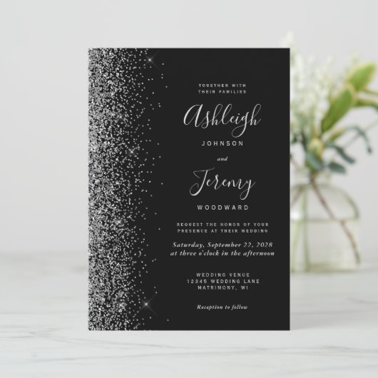 Modern Zwart Zilver Faux Glitter Huwelijk Kaart (Staand voorkant)