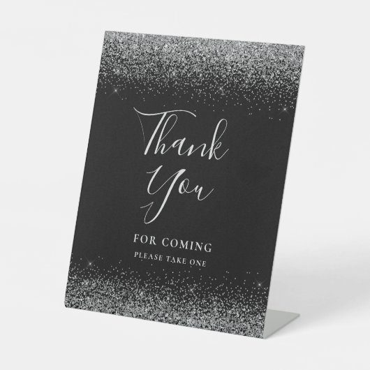 Modern Zwart Zilver Glitter Wedding Dank u Reclamebord Met Voetstuk (Voorkant)