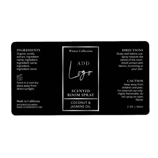 Modern Zwart & Zilver Logo Room Spray Bottle Label (Voorkant)