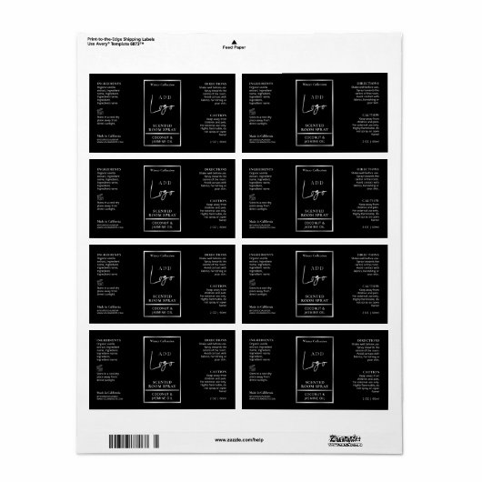 Modern Zwart & Zilver Logo Room Spray Bottle Label (Full Sheet)