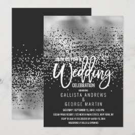 Modern Zwart Zilveren Folie Confetti Ombre Wedding Kaart