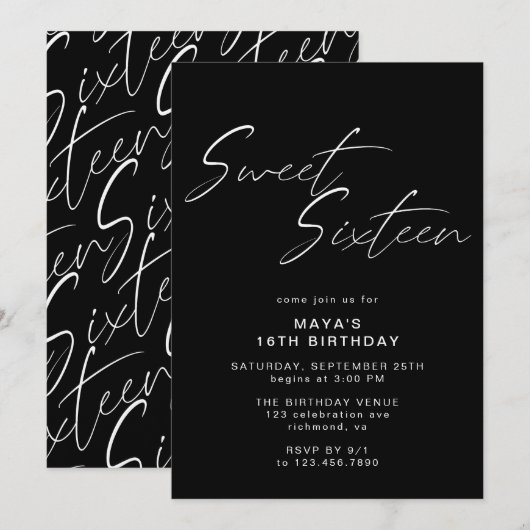 Modern Zwart Zoet Zestien Elegant 16e Verjaardag Kaart (Voorkant / Achterkant)