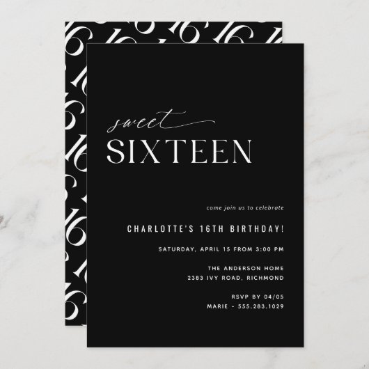 Modern Zwart Zoet Zestien | Gestroomlijnde 16e ver Kaart (Voorkant / Achterkant)