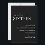 Modern Zwart Zoet Zestien | Gestroomlijnde 16e ver Kaart<br><div class="desc">Moderne minimale uitnodigingen voor 16e verjaardagsfeestjes met een off-center design. Zwart contrasteren met wit lettertype. De achterkant heeft een leuk "16" patroon. (Het omgekeerde zijpatroon kan,  indien gewenst,  door het ontwerphulpmiddel worden verwijderd.)</div>