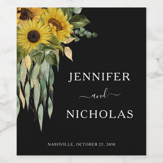 Modern Zwart Zonnebloem Zwart Bruiloft Wijn Etiket (Enkel label)