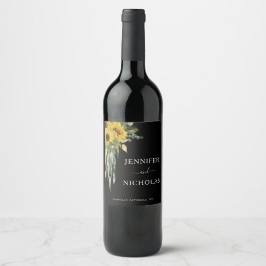 Modern Zwart Zonnebloem Zwart Bruiloft Wijn Etiket (Voorkant)