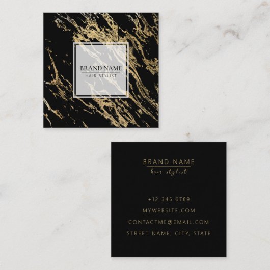 modern zwart zwart goudmarmer vierkant vierkante visitekaartje (Voorkant / Achterkant)