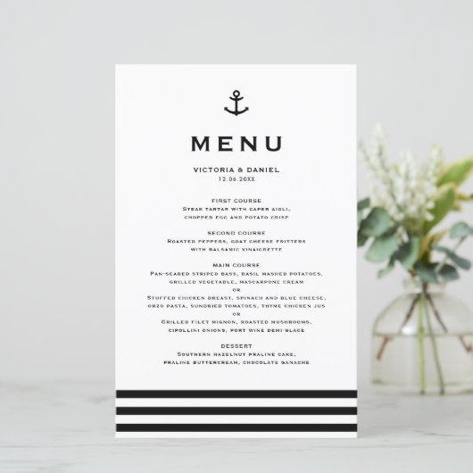 Modern zwarte anchor Nautical Wedding Menu Card (Staand voorkant)