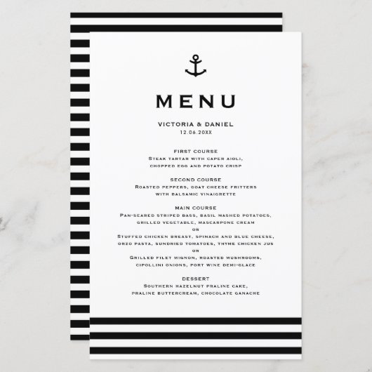 Modern zwarte anchor Nautical Wedding Menu Card (Voorkant / Achterkant)