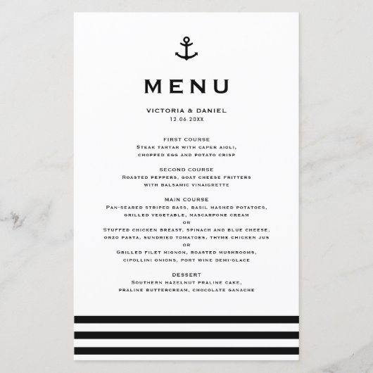 Modern zwarte anchor Nautical Wedding Menu Card (Voorkant)