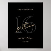 Modern Zwarte Gouden 16e Verjaardagsfeest Poster (Voorkant)