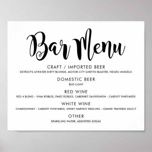 Modern Zwarte Script Trouw Bar Menu Poster (Voorkant)